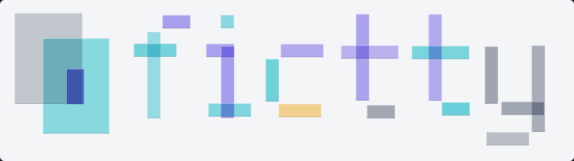 The fictty wordmark: letters built from overlapping panes of tinted glass